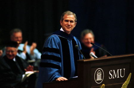 In May 1999, then Governor George W. Bush gives the address at SMU’s Universitywide Commencement ceremony. (Courtesy of SMU)