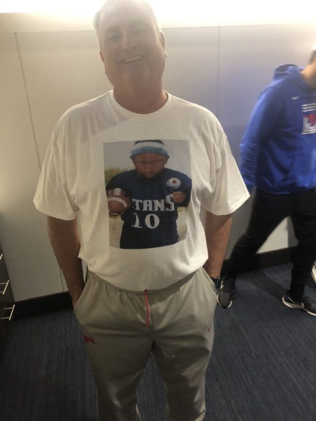 Sonny Dykes wears a Demerick Gary baby shirt before Senior Day. Image courtesy of Demerick Gary.