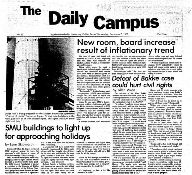 1977 edition of The Daily Campus showcasing the first time Celebration of Lights is mentioned at SMU. The headline is "SMU Buildings to Light up for Approaching Holidays"