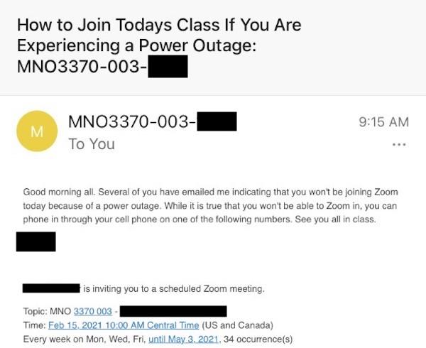 An email from a professor asks students to attend class over the phone despite power outages. Other professors attempted similar alternatives before all classes were cancelled in a campus-wide announcement.