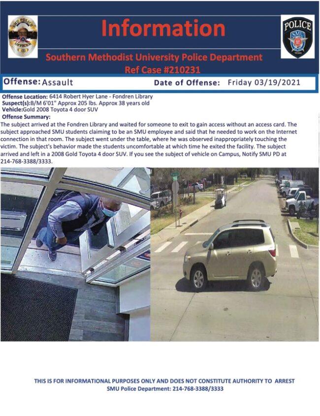 A SMU PD information flyer detailing the incident and suspect