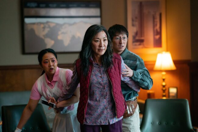 Stephanie Hsu, Michelle Yeoh, and Ke Huy Quan in Everything, Everywhere, All at Once.