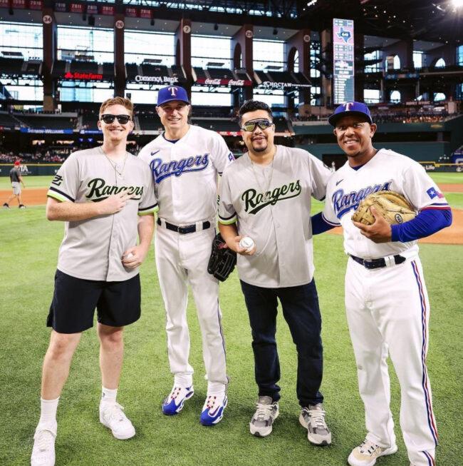 Scump and HECZ after throwing first pitch with the Texas Rangers