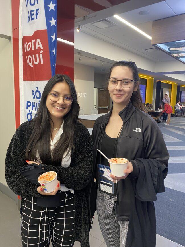 SMU faculty member, Briana Palacio (right), and SMU student, Nohely Chavez (left), say the lines were short and the voting process was easy at the Hughes-Trigg Student Center election polls.