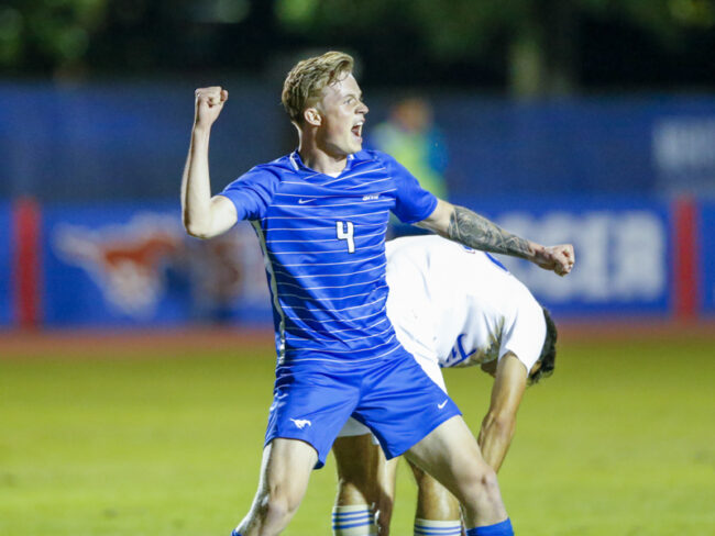 Defender Mads Westergren celebrates after a successful defensive play.