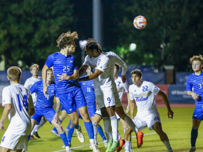 Defender Owen Zarnick rises for a header. SMU's aerial play was strong throughout the game.