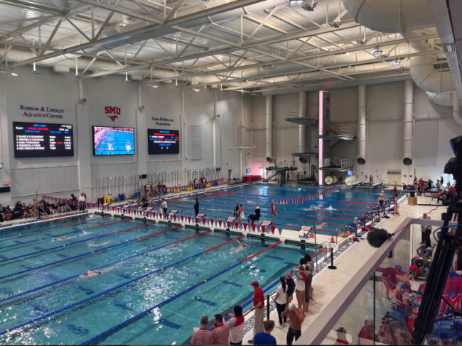 Swimmers from SMU and No. 10 Texas A&M compete in the Robson and Lindley Aquatics Center and Barr- McMillion Natatorium at Friday's meet.