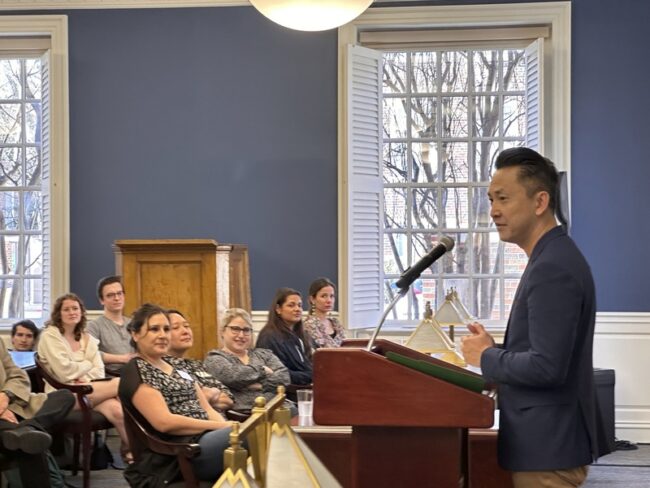 Author Viet Thanh Nguyen reads sections of his fiction to the SMU community in Bridwell Library on Wednesday, Feb. 22, 2023. (Courtesy of Michelle Ried)