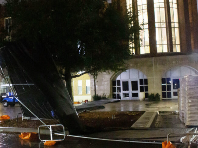Strong winds blew over the fence at the construction site in front of the Loyd All-Sports Center on SMU's campus during the storm on March 2, 2023. (Kiley Pittman/SMU).