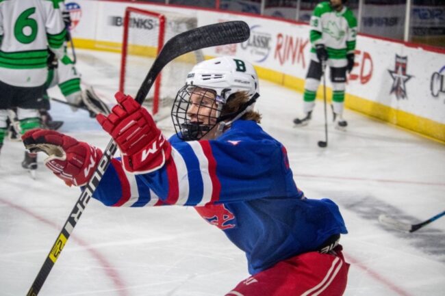 SMU Club Hockey sophomore player Martin Thompson celebrates in a Texas Collegiate Hockey Conference game. Photo Credit: Ice Girls